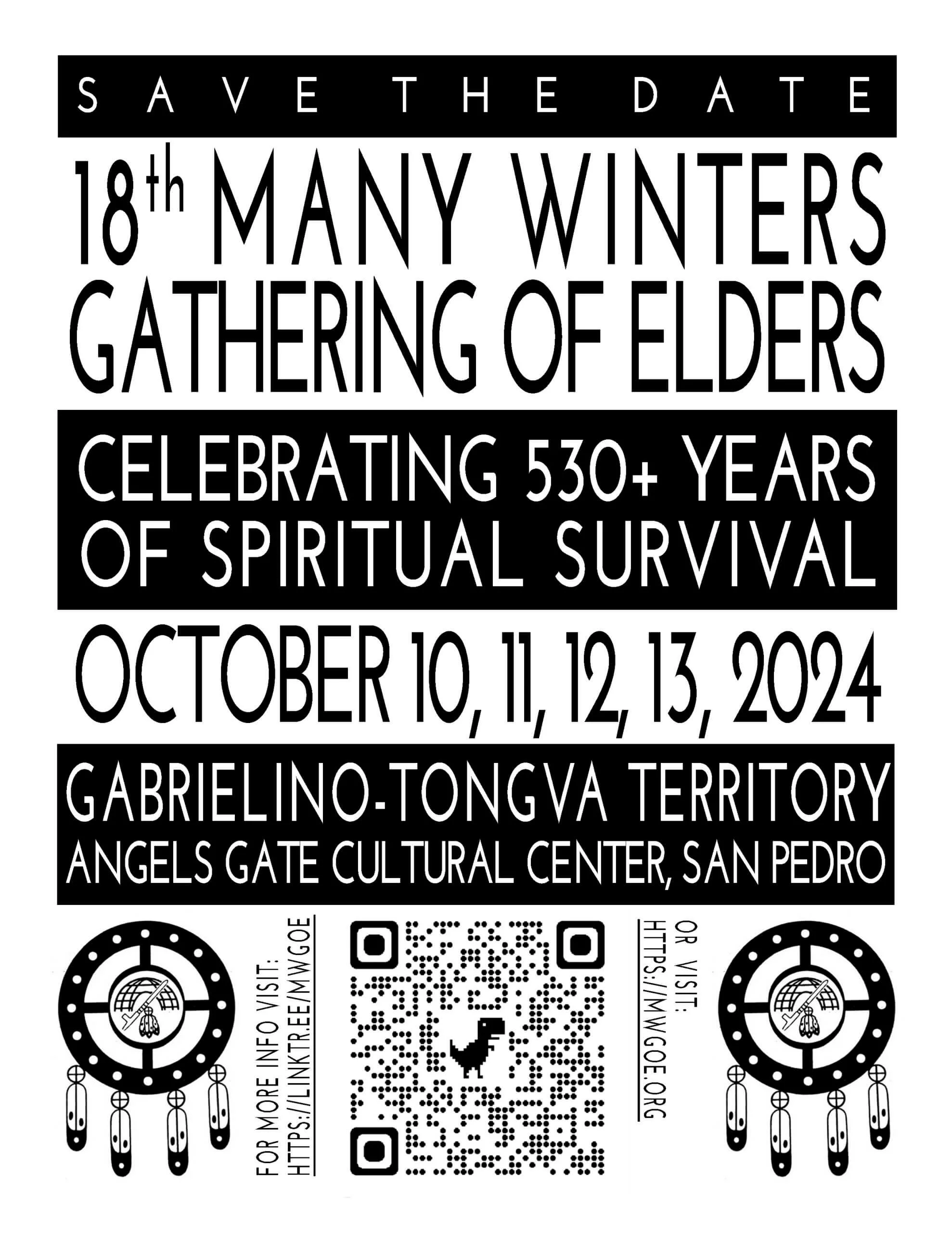 Black and white Save the Date flyer for 18th Many Winters Gathering of Eders, October 10 - 13, 2024